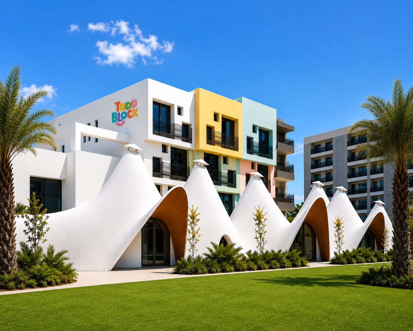 The Woodford and Toddler's Block campus building with white shell-roofed pavilions, palms and a green lawn