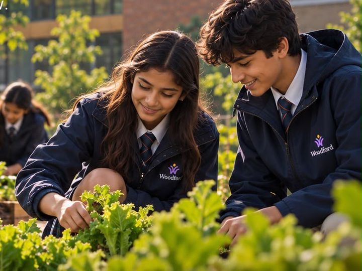 Students tending vegetable beds in the school garden